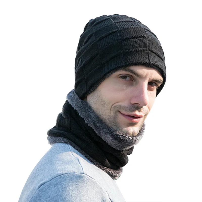 black 3 Комплект из 2 предметов, повседневная шапка+ шарф, модный мужской комплект, новинка, зимние теплые вязаные плотные шапки с черепом и мягкие плюшевые шерстяные шарфы - Цвет: black 3