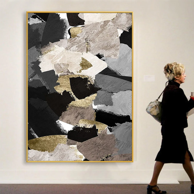 

Black And White hand-painted Oil Painting Abstract Paintings Gray Gold Modern Living Room Entrance Hallway Sofa Backdrop Decorat