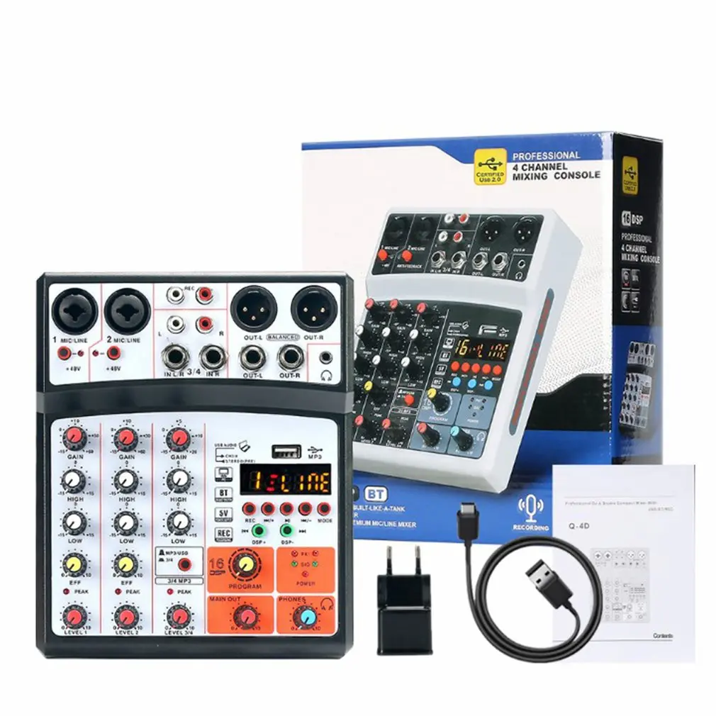 

Console 4-channel with Sound Card, USB,Protable Mini Mixer Audio DJ 48V Phantom Power for PC Recording Singing Webcast Party