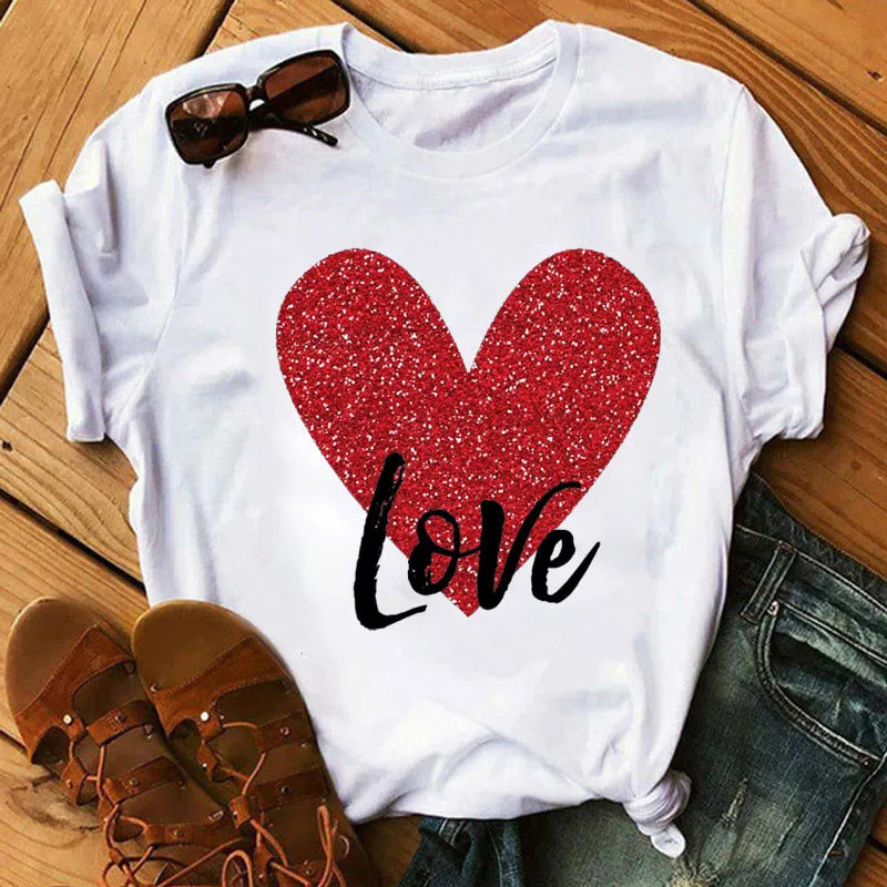 

New Love Print T Shirt Women Fashion White Short Sleeve Female Cute Graphic Tee 90s Ladies Casual Tops Korean Style Clothes