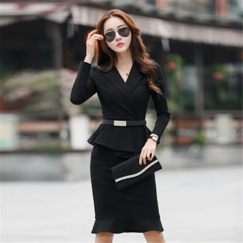 Женское офисное платье с поясом элегантное двойка длинными рукавами и оборками в