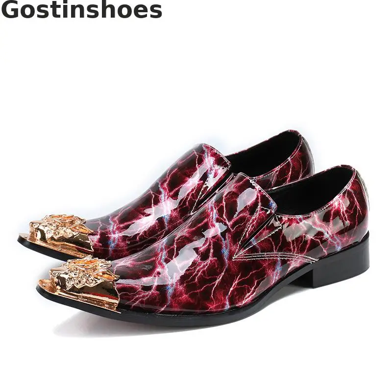 Shining Red Genuine Leather Shoes Flash Light Printed Classic Men Fashion Loafers Golden Metal Capped Toe Slip-on | Обувь