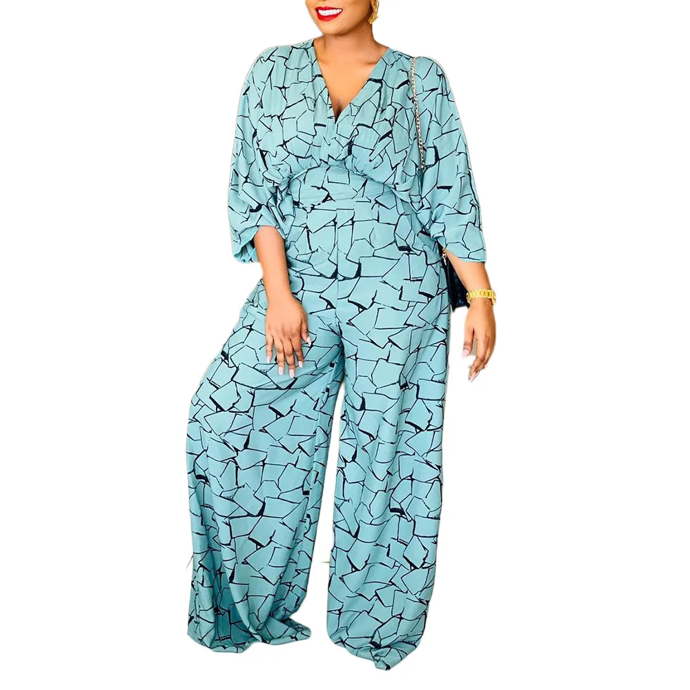 

Women Jumpsuits High Waist Wide Leg Printed Half Batwing Sleeves V Neck Fashion Female Vintage African 2021 New Plus Size Ladies
