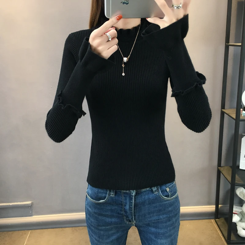 

2019 New Autumn Winter sweet Warm thick Half turtleneck Knitted Sweater Women Fashion Ruffle sleeve Pullover Sweater cc1088