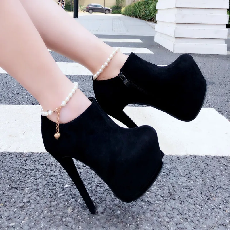 Модные черные женские ботильоны на толстом каблуке Демисезонная обувь платформе