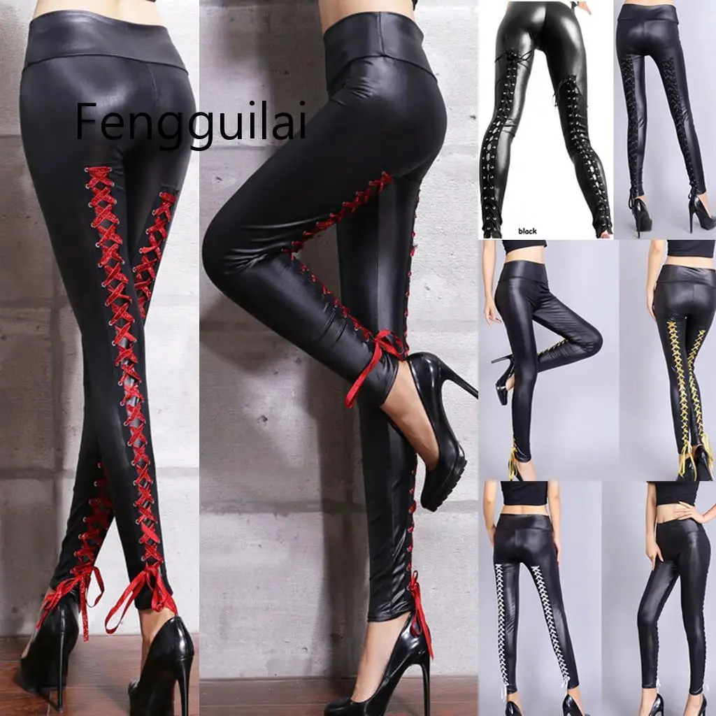 Ladies Sexy Matte Faux Leather  High Waist Pants Back With Tight Leather Pants Club Style Trend Streetwear Harajuku