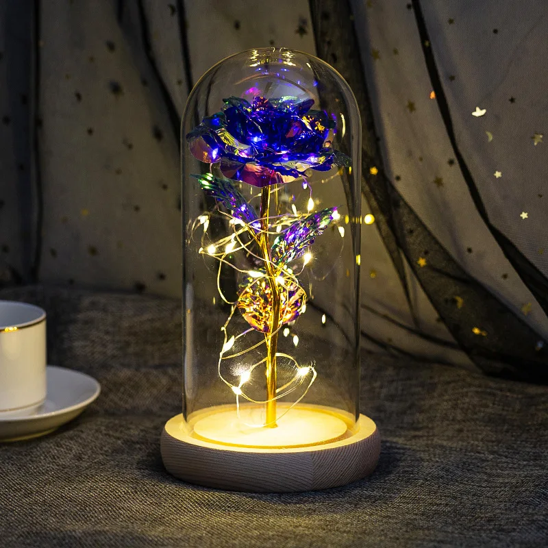 

Beauty and The Beast Gold Foil Galaxy Rose Flower LED Light Artificial Flowers In Glass Dome Christmas Valentine Gift for Girls