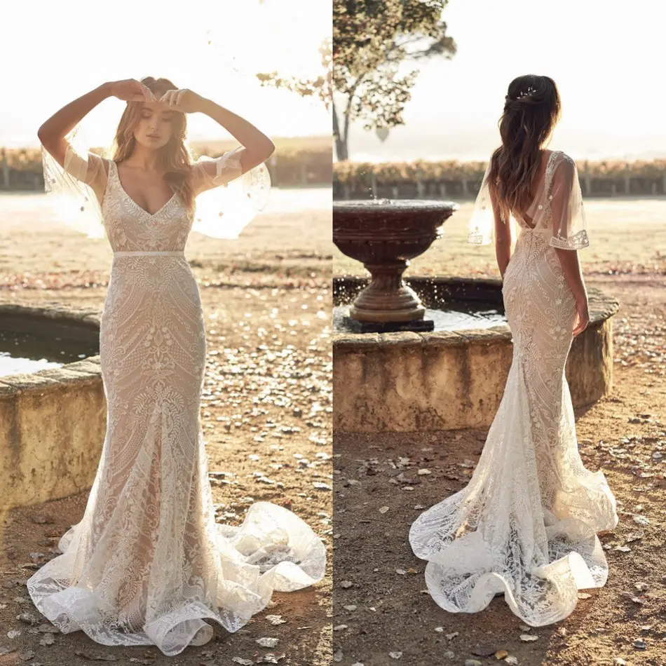 

Богемные Свадебные платья русалки с открытой спиной и рукавом Hlaf, кружевные платья Boho vestido de novia, 2020