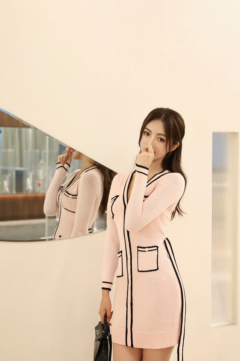 

fashion V-neck sexy cashmere knitting skirt lace up contrast slim bag hip dress