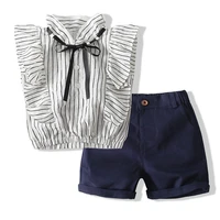 childrens wear 2021 summer suit korean girls ruffle sleeveless striped top and shorts suit