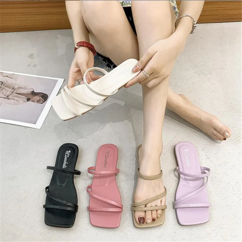 

2022 Women Summer Fashion Square head thin belt Slipper Women Flat Sandals Casual Beach Slipper Women Flip-flops sandals 35-42