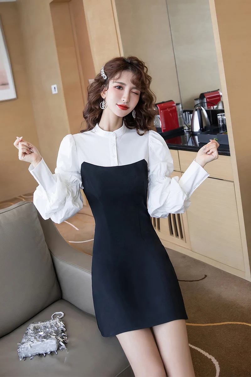 

COIGARSAM Women one-piece dress korean New Spring High Waist Dresses Black 2686