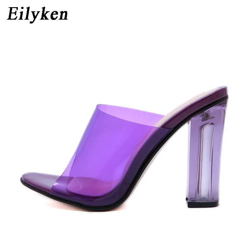 Eilyken г. Модные прозрачные тапочки из ПВХ оранжевого и фиолетового цвета пикантные женские туфли с открытым носком на высоком каблуке, украшенные кристаллами прозрачные шлепанцы на высоком каблуке 11 см Размеры 35-42 - Цвет: Purple