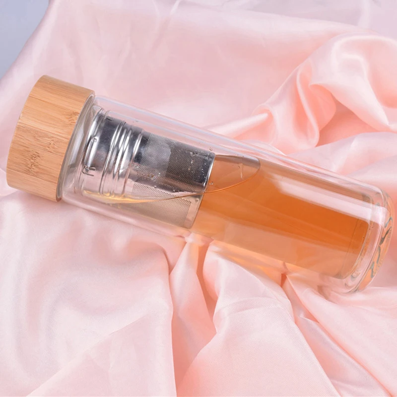 

450ml Bamboo Lid Double Walled Glass Tea Water Bottles with Strainer And Infuser Basket