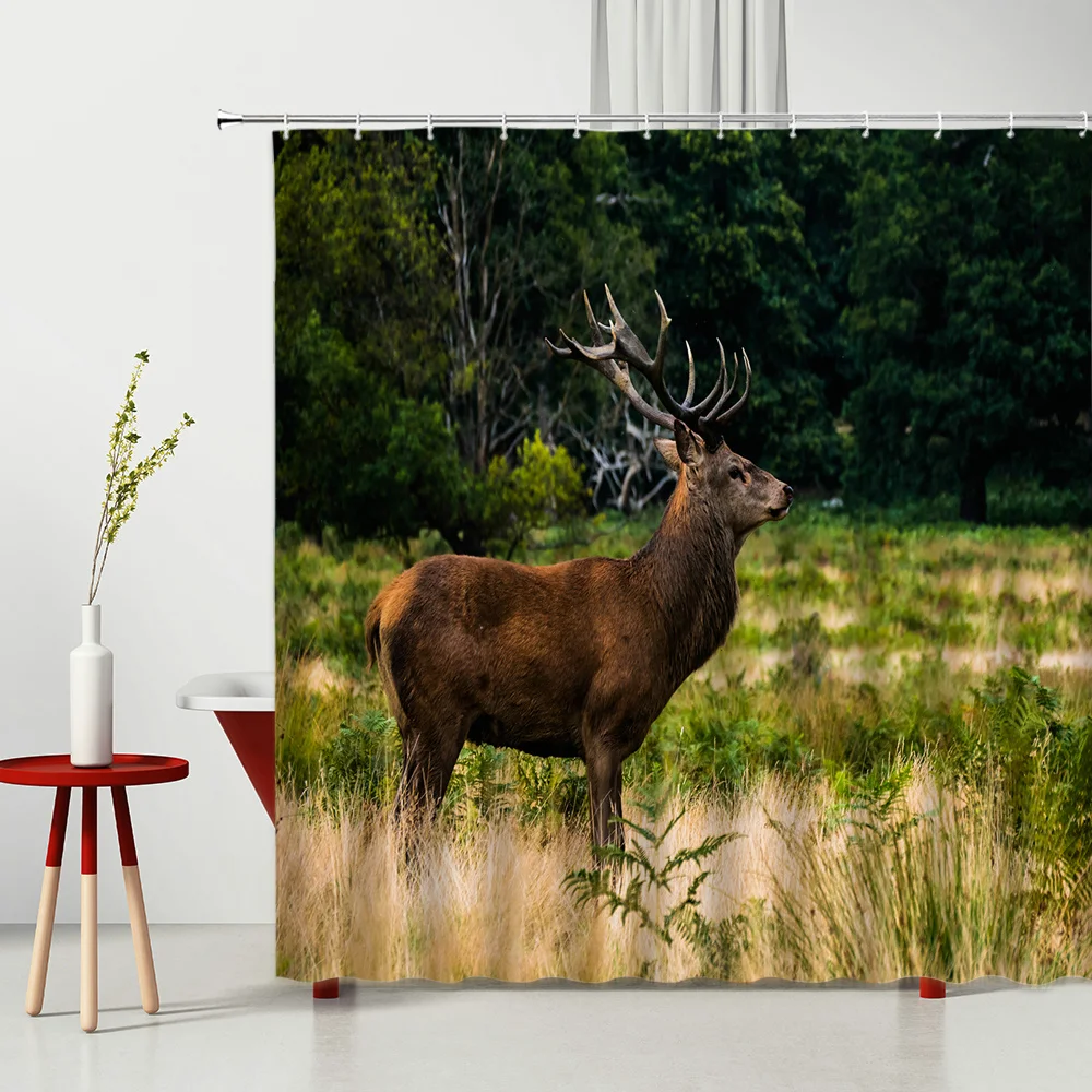 

Elk Shower Curtain Forest Wild Animal Alpaca Creative Butterfly Washable Bathroom Decor Bathtub Screen Green Plant Bath Curtains
