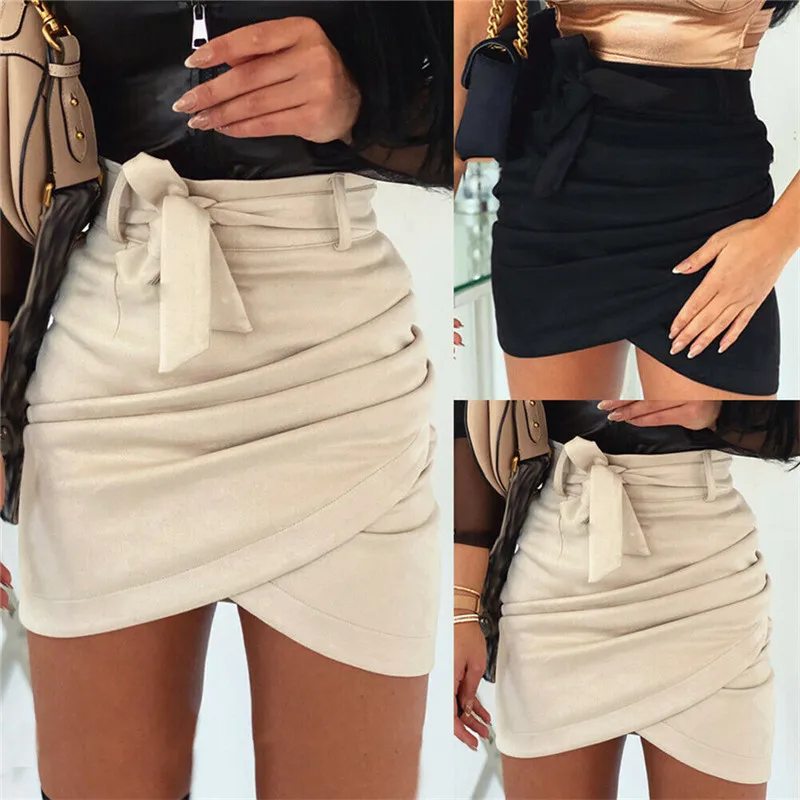 

Fashion Women Asymmetric belt suede skirts Sexy Bodycon Solid Pencil Skirt Ladies Party Cocktail High Waist Mini Skirts