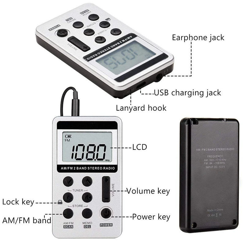 AM FM Portable Pocket Radio Mini Digital Tuning Stereo with Rechargeable Battery and Earphone for Walk/Jogging/Gym/Camping (Sil |