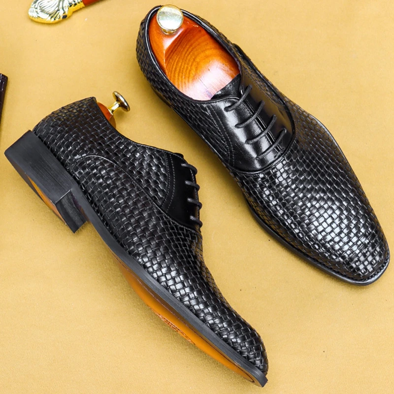 

High Quality Genuine Leather Formal Dress Weave Shoes Pointed Toe Laces Men's Handmade Wedding Party Oxfords For Male AS332