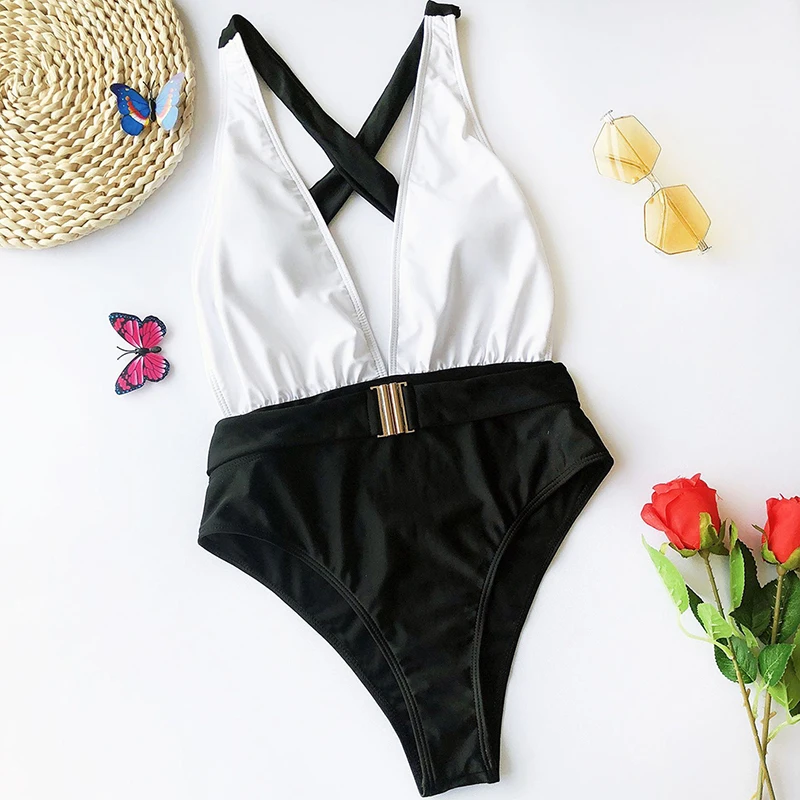 

2020 Sexy Swimwear Women One-piece Colorblock Metal Belt Bikini Set Bathing Suits Summer Beachwear