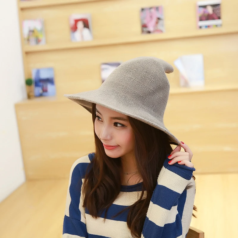 

1 шт., Женская Современная шляпа ведьмы, рыбацкие шапки, Хлопковые вязаные модные однотонные праздничные колпаки на Хэллоуин, фестиваль, теп...