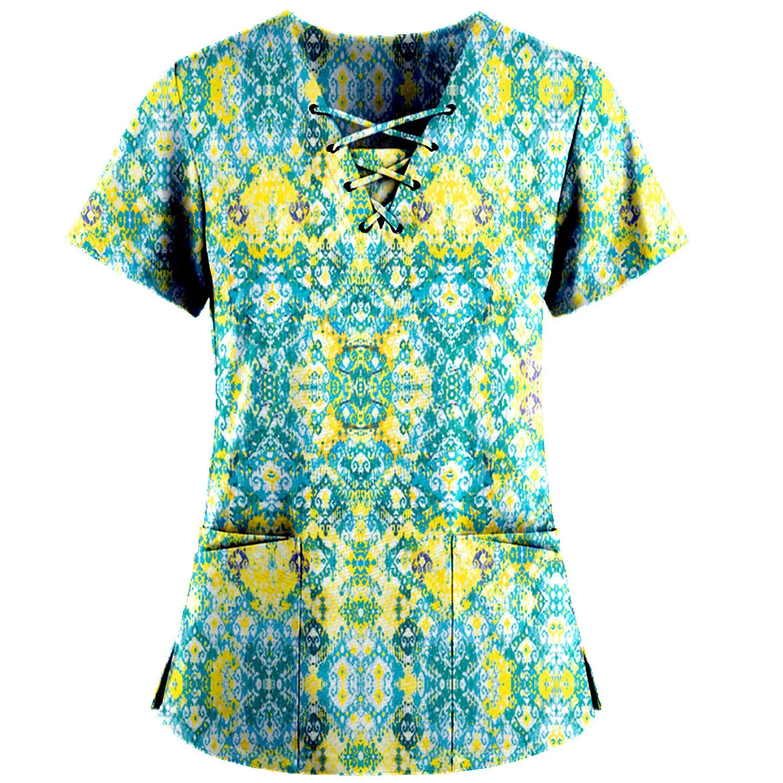 

2021 Nursing Scrubs Tops Leaf Printed Tshirt Short Sleeve V-Neck Tops Working Uniform T-Shirts Patchwork Medicaled Uniform New