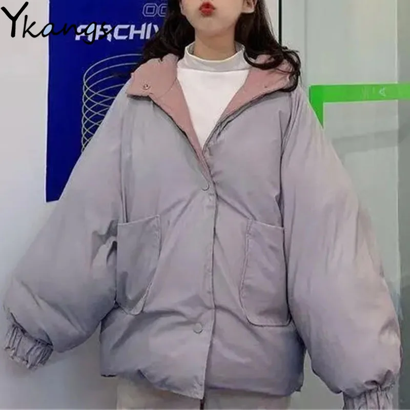 

Solid Thick Winter Hooded Short Parkas Women Warm Oversize Korean Harajuku Clothes Casual Double-sided Wear Vintage Coat Female