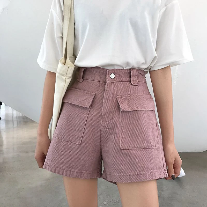 Летние корейские Для женщин Джинсовые шорты Повседневное милые однотонные