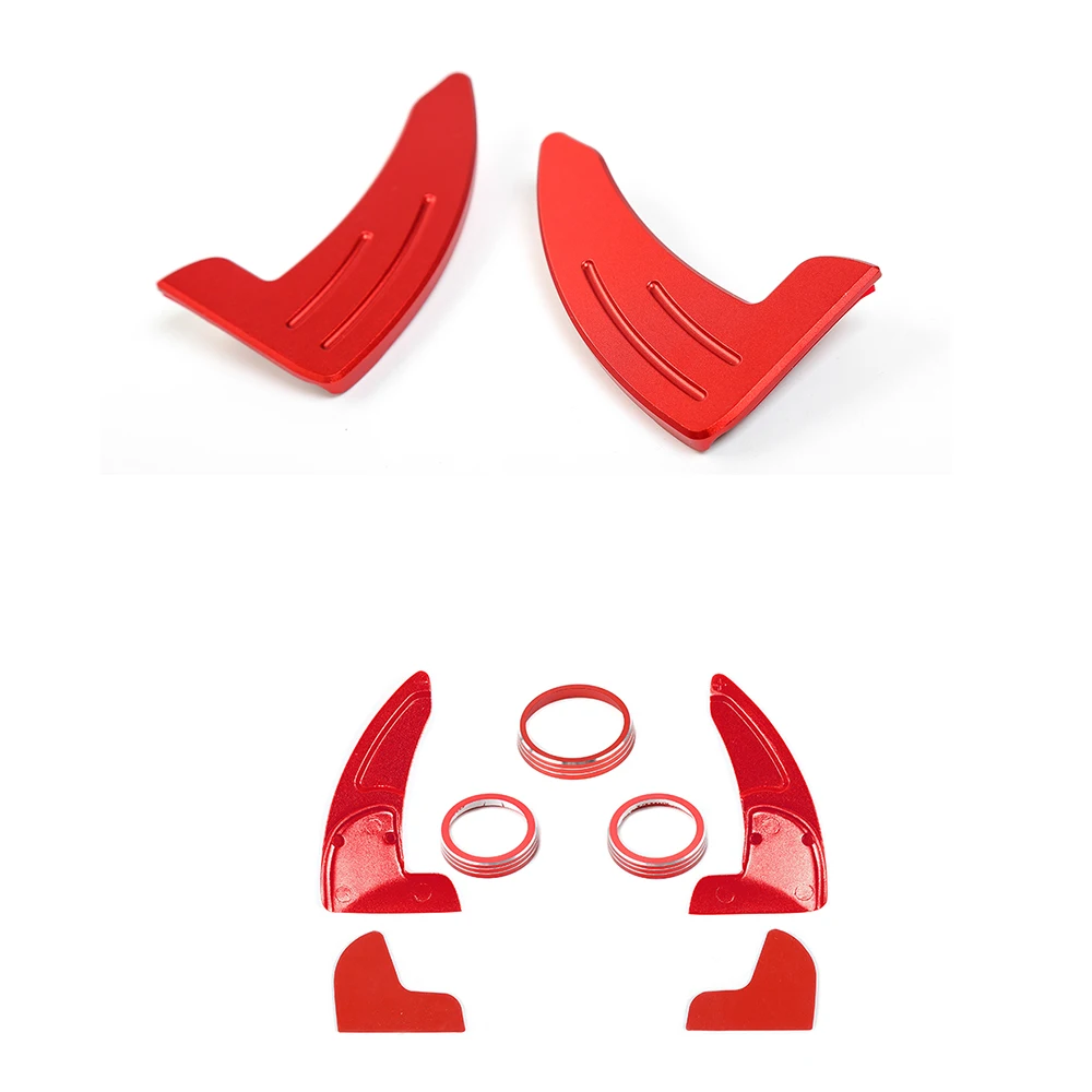 

5PCS Steering Wheel Shift Paddle Shifter & Air Condition Switch Knob Ring Trim For Jeep Grand Cherokee 2014+ Red Aluminum Alloy