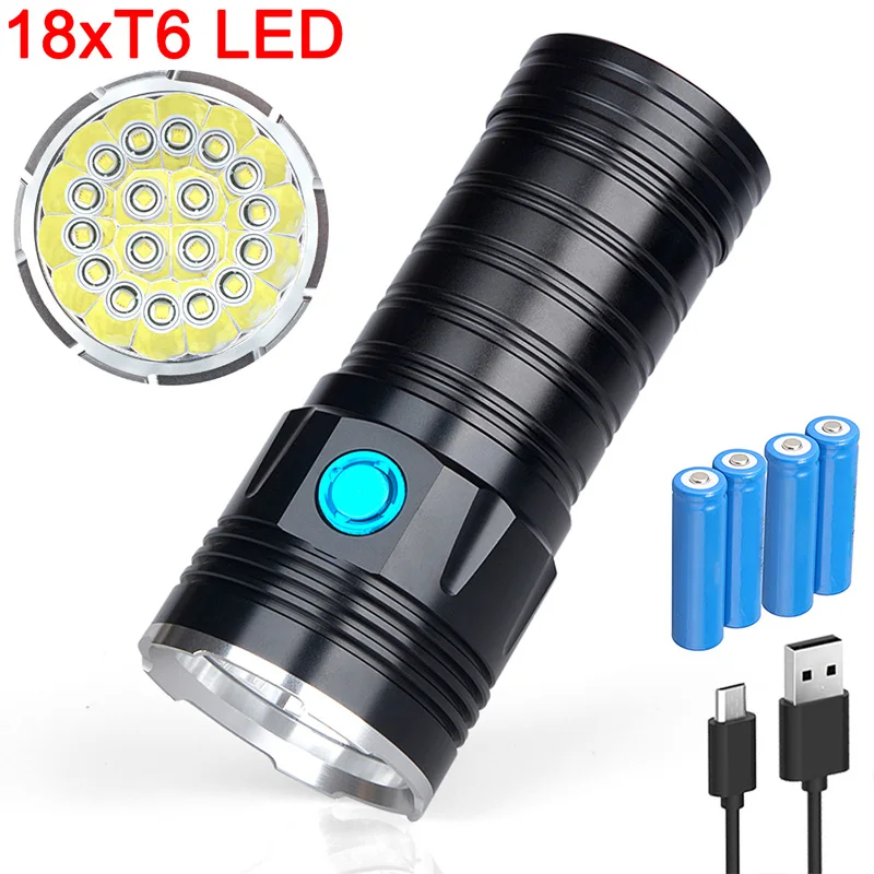 

18*XML T6 Flashlight Powerful Super Torch 5400LM USB Rechargeable Flashlights Waterproof Tactical Lantern by 4* 18650 Battery