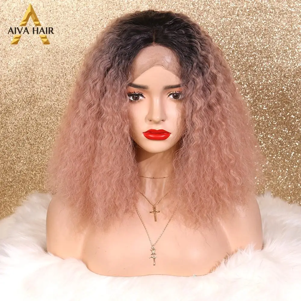 ombre pink Aiva волосы без клея синтетический парик на кружеве термостойкий розовый парик с темными корнями волна воды Короткие парики для черных женщин - Цвет: ombre pink