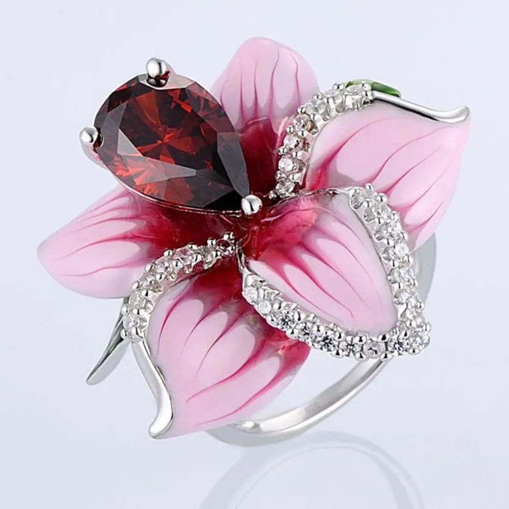 Модные ювелирные изделия покрытые серебром красная роза цветок эмалевые кольца
