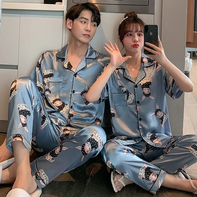 

New Summer Cartoon Print Pajamas Set, Ice Silk Lapel Couple Pajamas Two-piece Set Buttoned Short-sleeved Trousers Pajamas