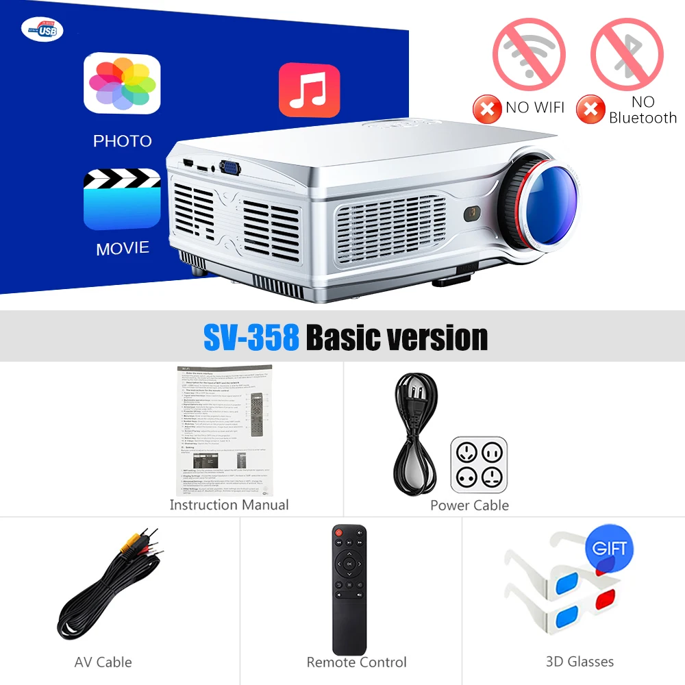 Basic version Мощный Full HD проектор SV-358 1920*1080P светодиодный проектор Android 7,1(2G+ 16G) с поддержкой Wi-Fi Bluetooth 4K домашний кинотеатр - Цвет: Basic version