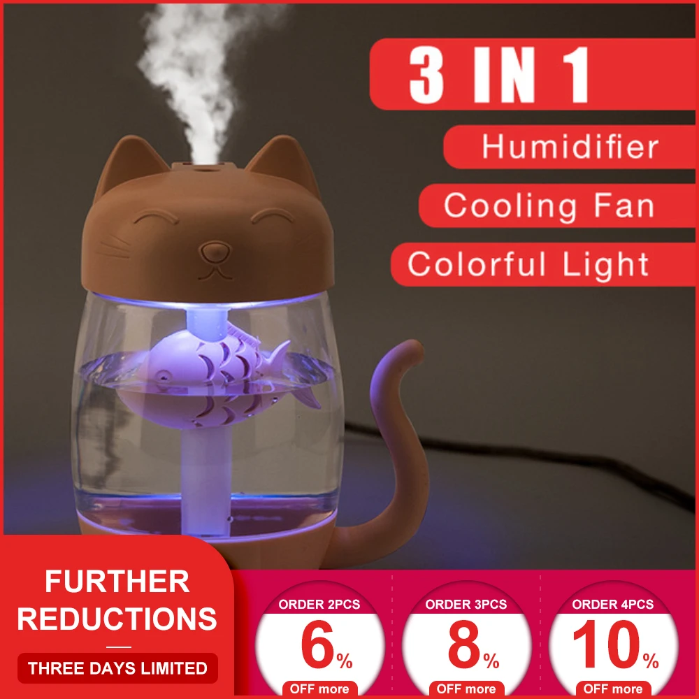 

3 in 1 350ML USB Cat Air Humidifier Ultrasonic Adorable Mini Humidifier With LED Light Mini USB Fan for Home office