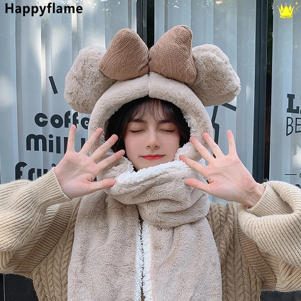 

Зимние женские кашемировые шапки шарф перчатки 3 шт. милые мягкие облегающие шапки с бантом плюшевый комплект утолщенные зимние женские шап...