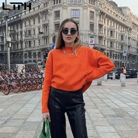ltph simple casual women sweaters orange pullovers knitted long sleeve top loose soft warm streetwear jumpers 2021 autumn new