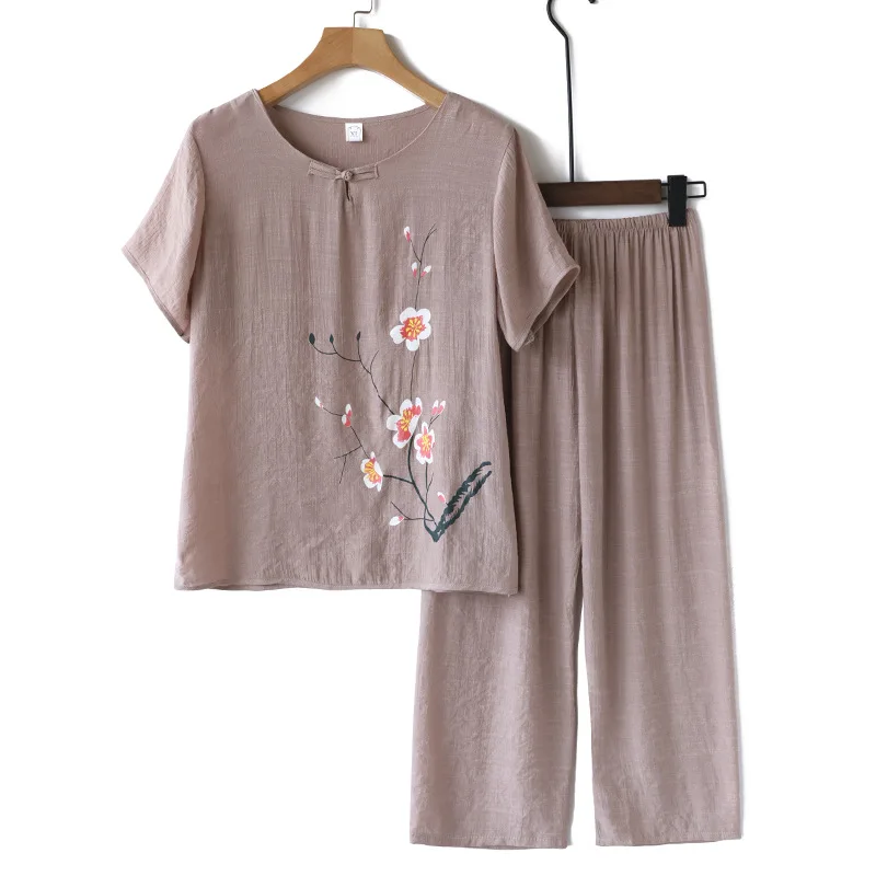 

2PCS Mother Nightie Linen Cotton Out Wear Pajama Sets Female Short Sleeve Summer Women Home Clothes Plus Large Size XL-4XL Soft