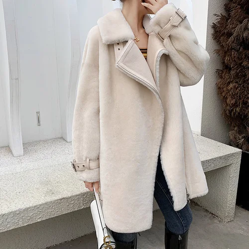 beige Пальто из натурального меха, Женская шерстяная куртка из натуральной кожи, корейское осеннее зимнее пальто из овчины, женская одежда, Manteau Femme - Color: beige