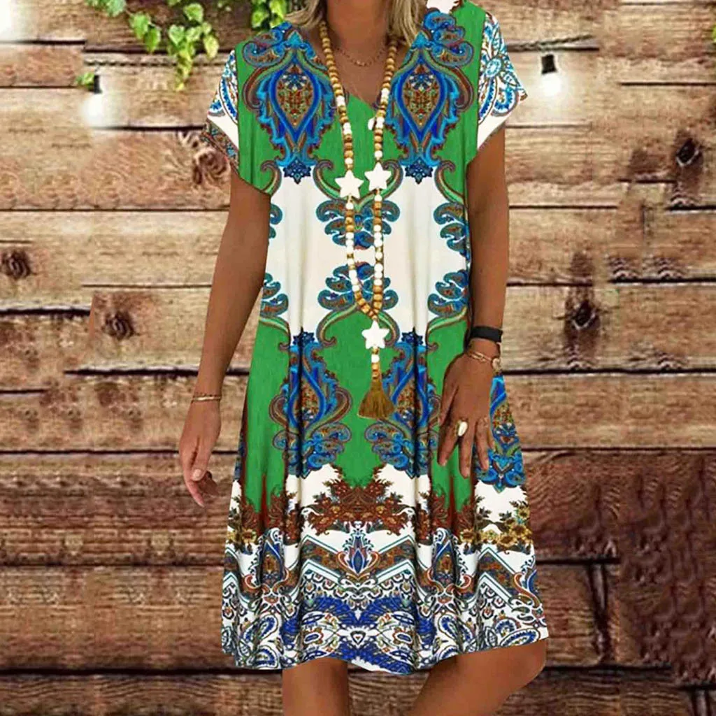 Женское винтажное платье с цветочным принтом V образным вырезом и коротким