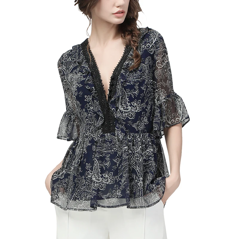 

Fashion Chiffon Printed Blouse Women Summer Tops Beaded V-Neck Splicing Draped Half Sleeve Loose Ladies Casual Office Blouses