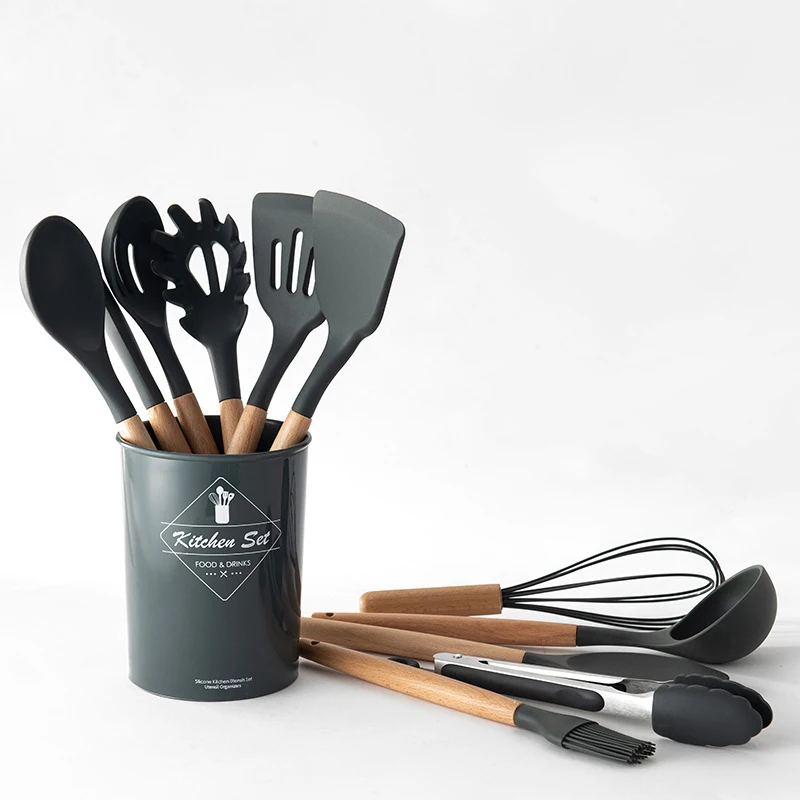 

Silicone Cooking Utensils Set Non-stick Spatula Soup Spoon Eggbeater Food Clip Wooden Handle with Storage Box Kitchen Tool