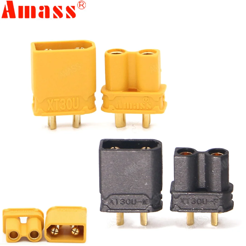 100 unids/lote Amass XT30U, 2mm, conector antideslizante macho + hembra 2mm, conector dorado/actualización de enchufe XT30 ( 50 pares)
