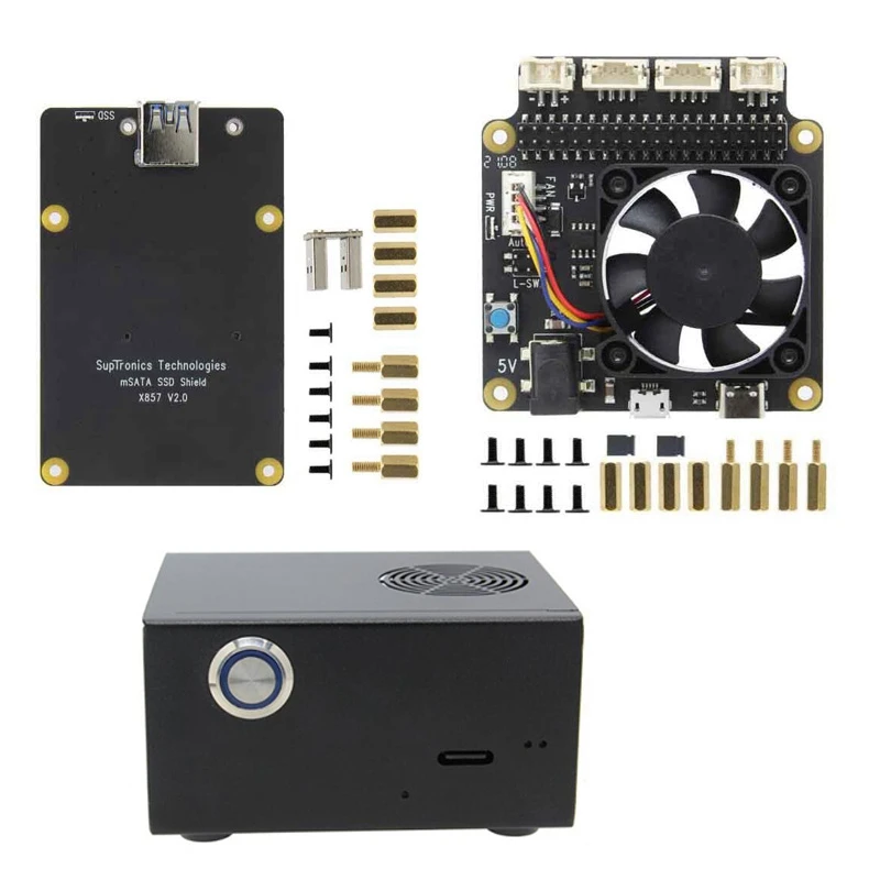 X857 V2.0 MSATA SSD Expansion Board+X735 V2.5 Power Management Cooling Fan Board with Metal Case for Raspberry Pi 4B
