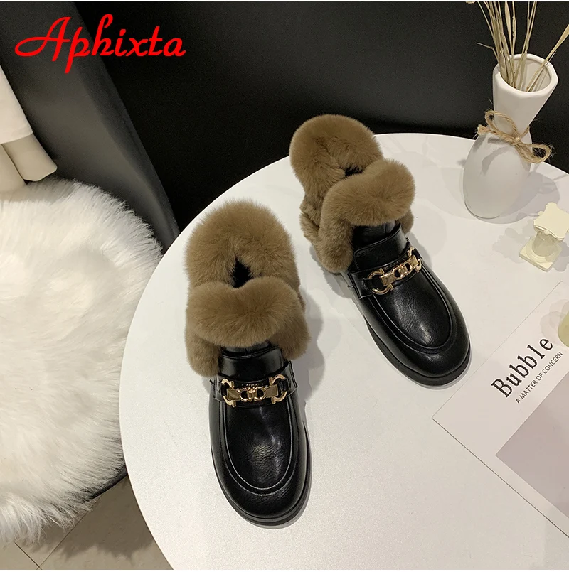 Aphixta; Новинка года; женские ботинки с пряжкой; женская кожаная обувь на меху; теплая плюшевая зимняя новая женская обувь; модные зимние ботинки