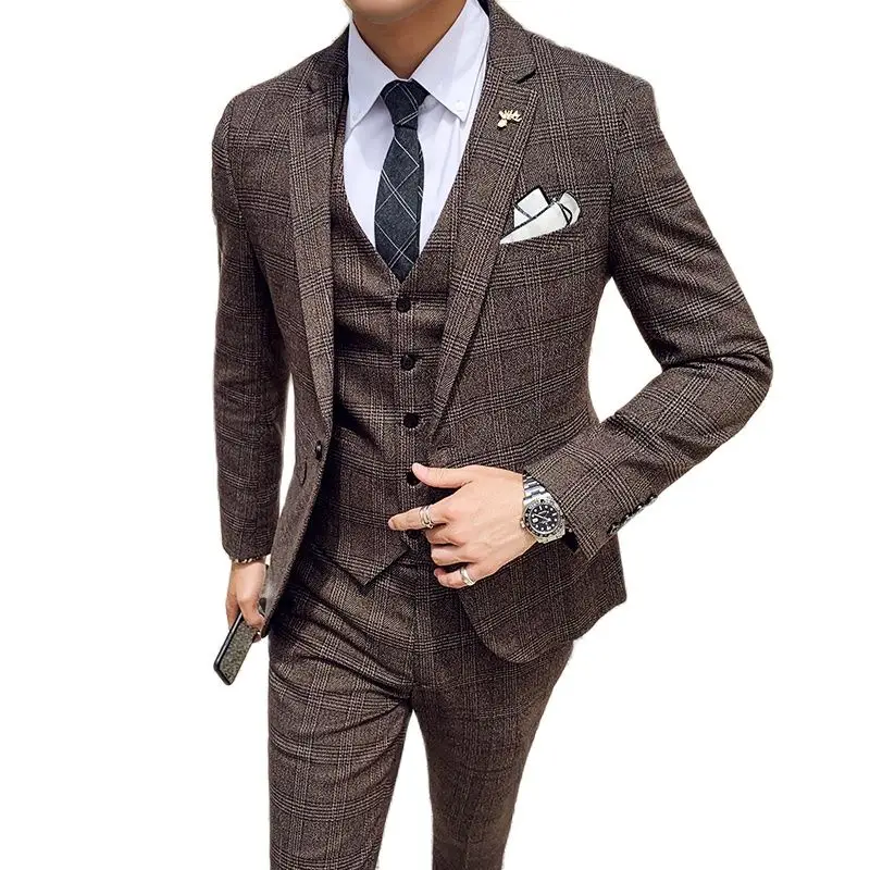 Костюм мужской из 3 предметов клетчатое платье приталенный дизайнерский Блейзер