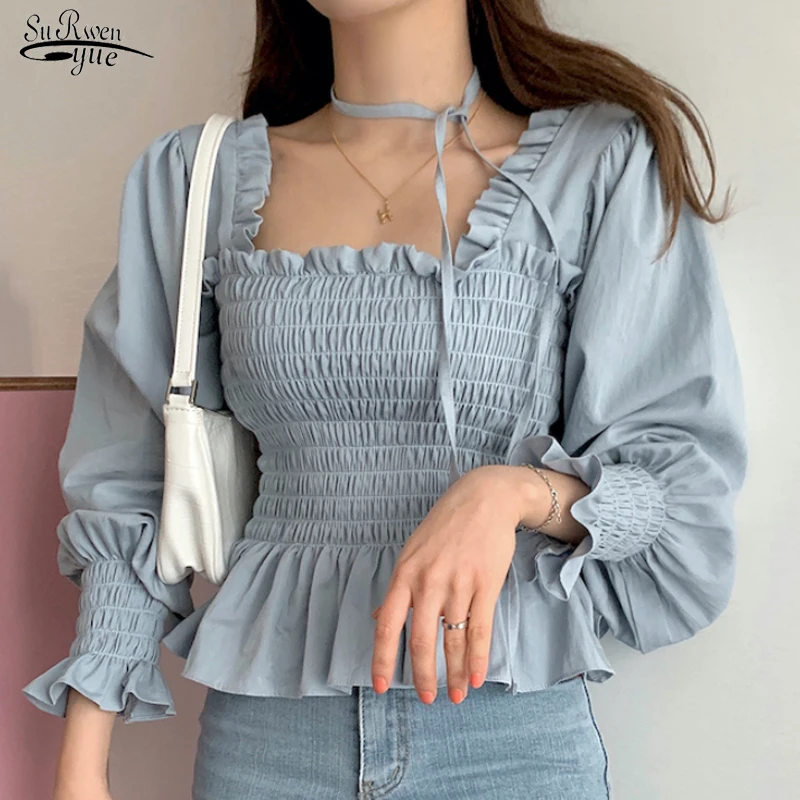 

Женская блузка с рукавами-фонариками, элегантная рубашка принцессы во французском ретро стиле с рюшами и поясом на талии, 13702