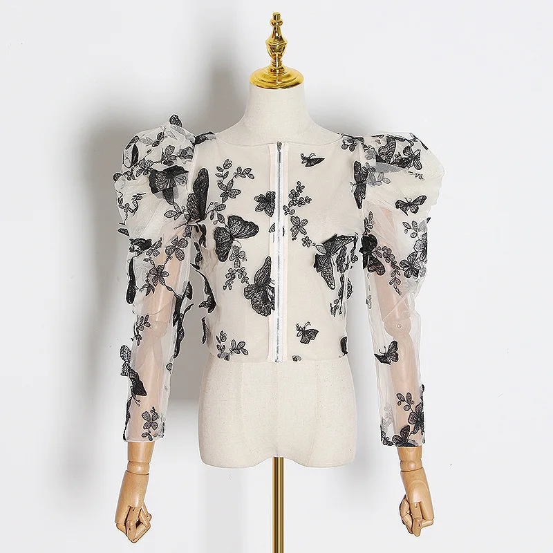 MIAOQING/Женская сетчатая рубашка с вышитой бабочкой и круглым вырезом топ пышными