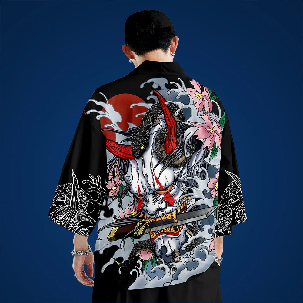 

Devilish Prajna Printed Men Kimono Cardigan Japanese Traditional Casual Loose Thin Coat And Pants Asian Clothes Harajuku