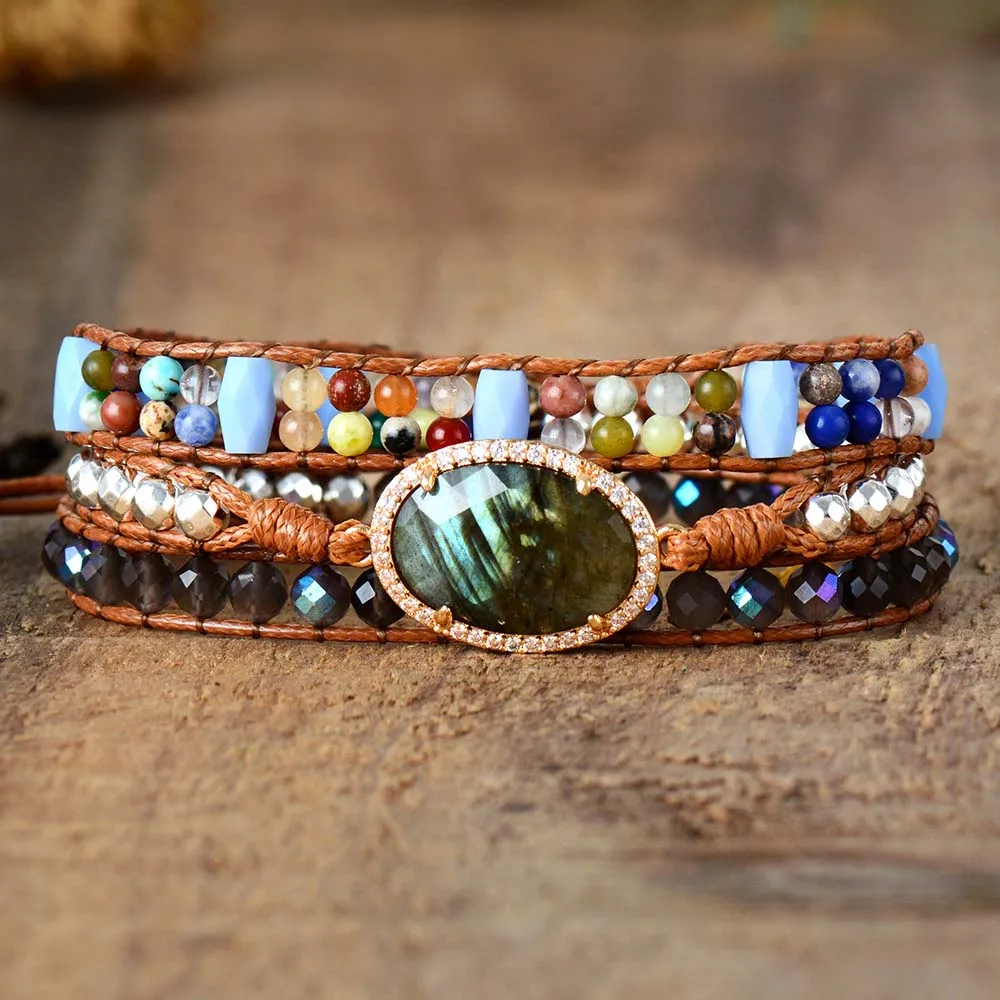 Новые женские очаровательные браслеты Красочные камни лабрадорит 3 слойные