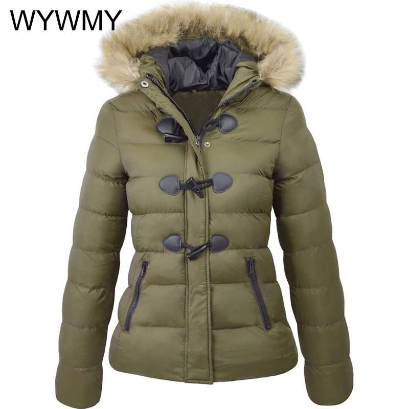 WYWMY Winter Snow Coat Women Parkas Casual Fur Collar Horn Buckle Parkas Cotton Solid Jacket Female Hooded Coats Warm Clothes